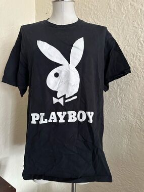 Playboy Bunny Logo Classic Graphic T-Shirt Black White Large